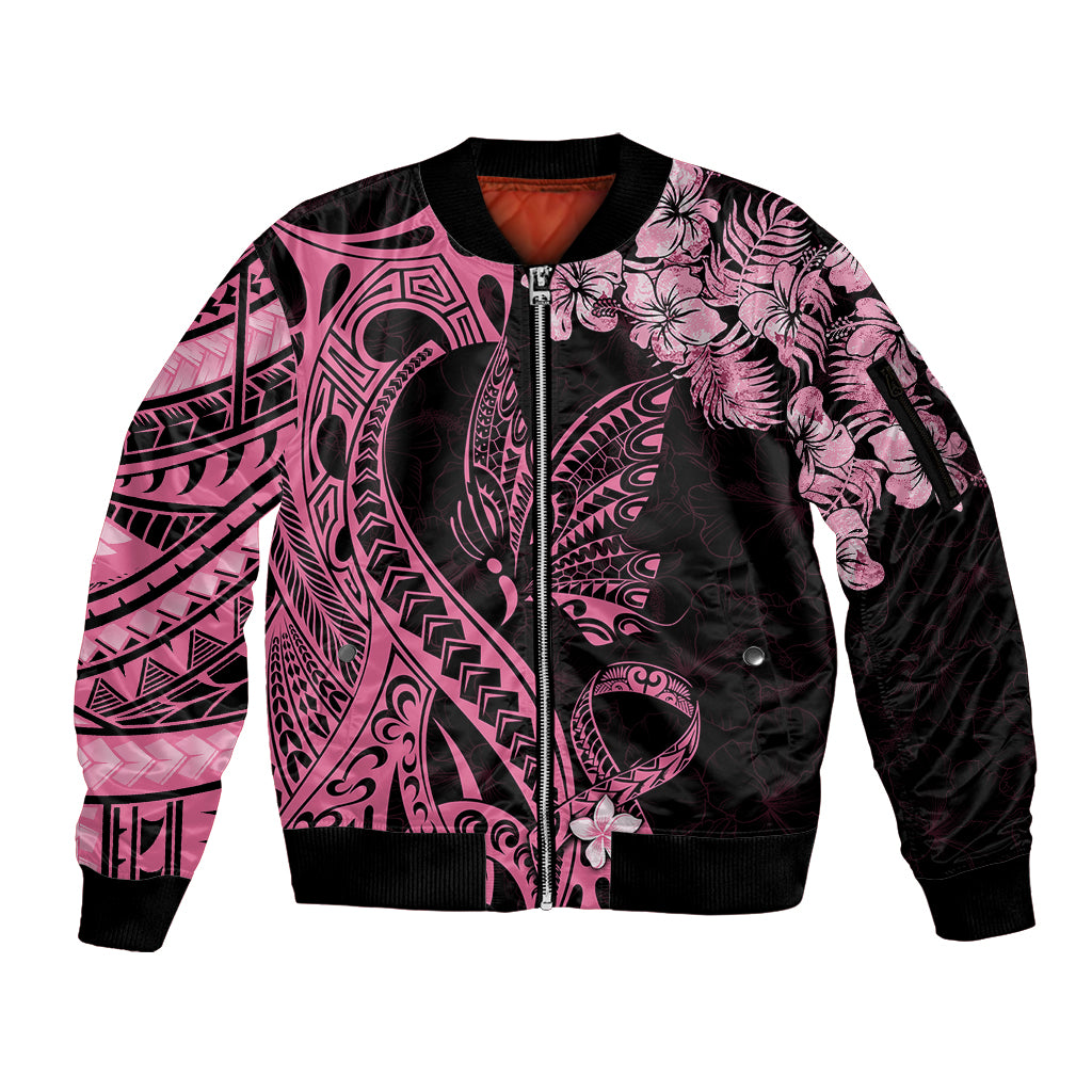 Polynesian Floral Butterfly Sleeve Zip Bomber Jacket Breast Cancer Pink Ribbon LT9 Unisex Pink - Polynesian Pride