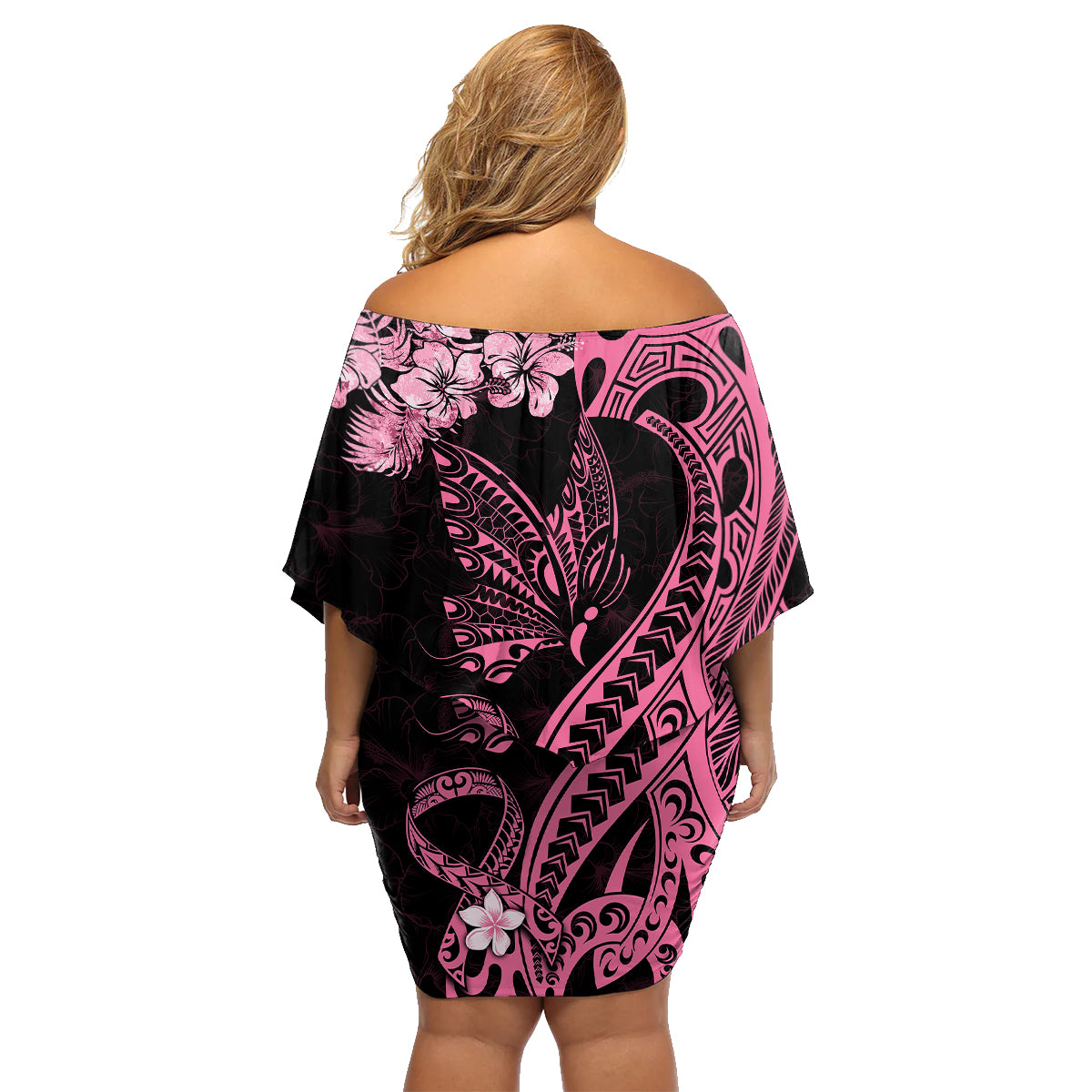 Personalised Polynesian Floral Butterfly Family Matching Off Shoulder Short Dress and Hawaiian Shirt Breast Cancer Pink Ribbon LT9 - Polynesian Pride