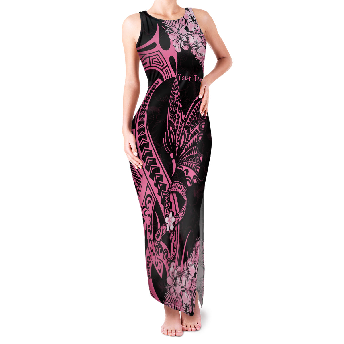 Personalised Polynesian Floral Butterfly Family Matching Tank Maxi Dress and Hawaiian Shirt Breast Cancer Pink Ribbon LT9 Mom's Dress Pink - Polynesian Pride