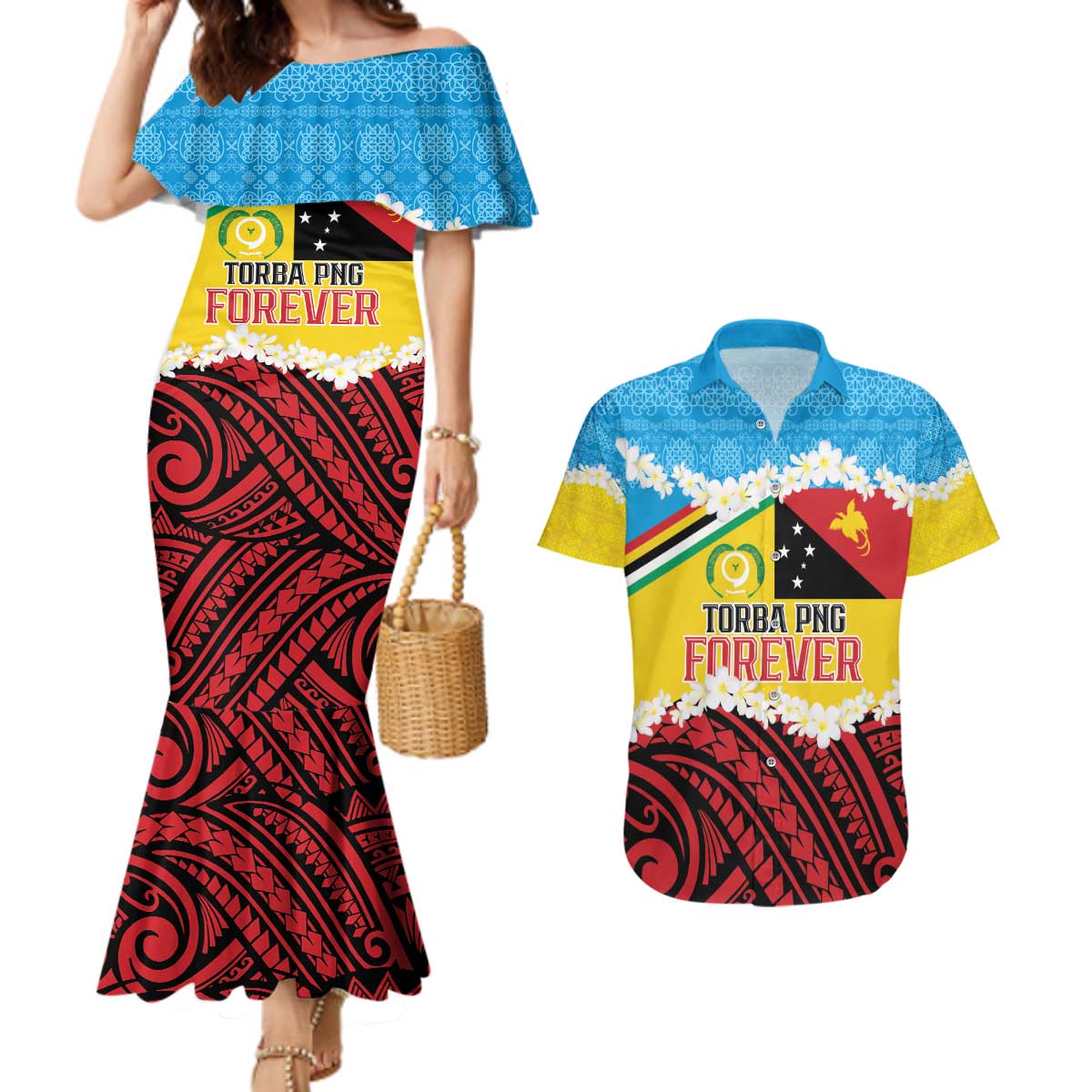 Personalised Torba PNG Forever Couples Matching Mermaid Dress and Hawaiian Shirt Polynesian Sand Art - Polynesian Pride