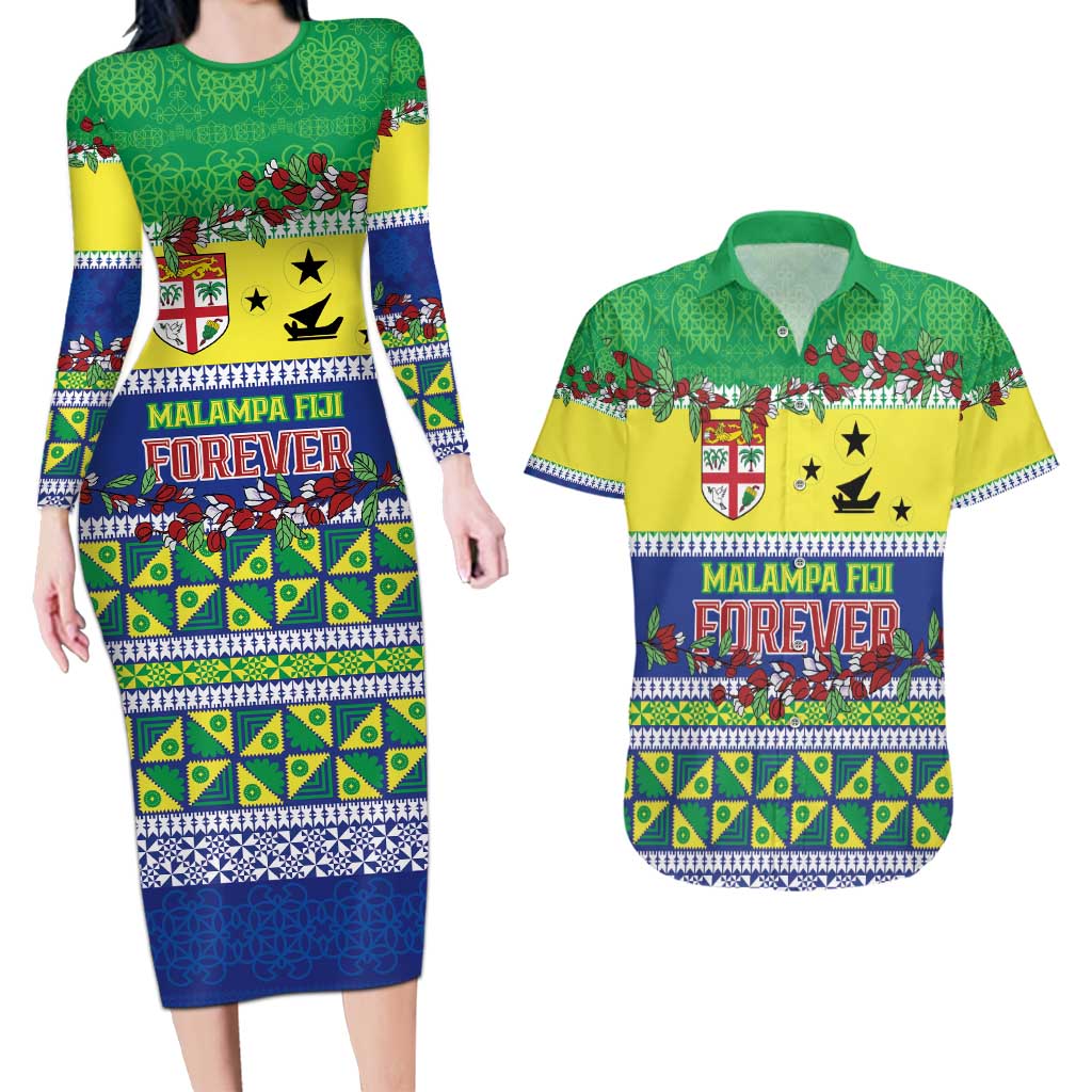 Personalised Malampa Fiji Forever Couples Matching Long Sleeve Bodycon Dress and Hawaiian Shirt Tagimoucia Polynesian Sand Drawing - Polynesian Pride