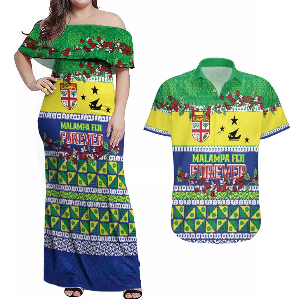 Personalised Malampa Fiji Forever Couples Matching Off Shoulder Maxi Dress and Hawaiian Shirt Tagimoucia Polynesian Sand Drawing - Polynesian Pride