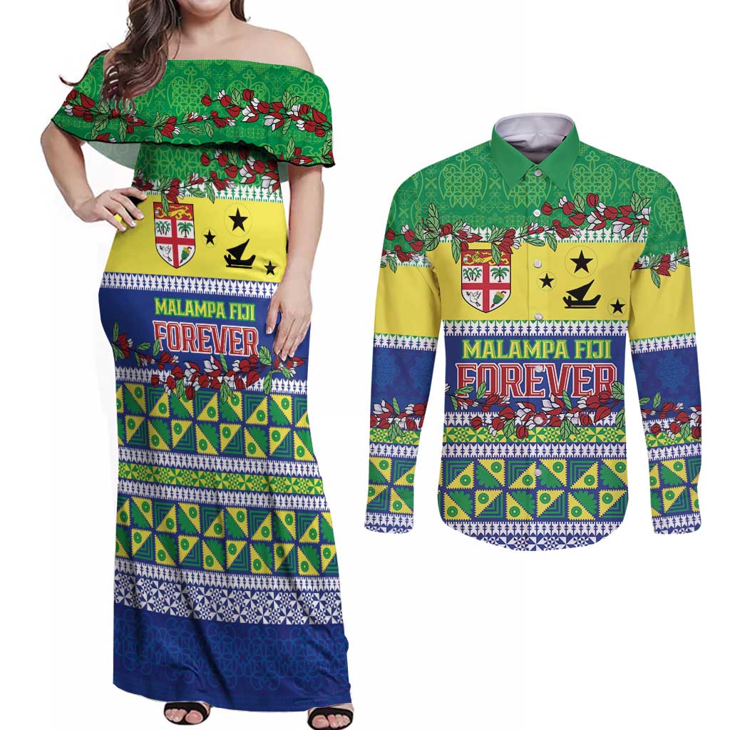 Personalised Malampa Fiji Forever Couples Matching Off Shoulder Maxi Dress and Long Sleeve Button Shirt Tagimoucia Polynesian Sand Drawing - Polynesian Pride