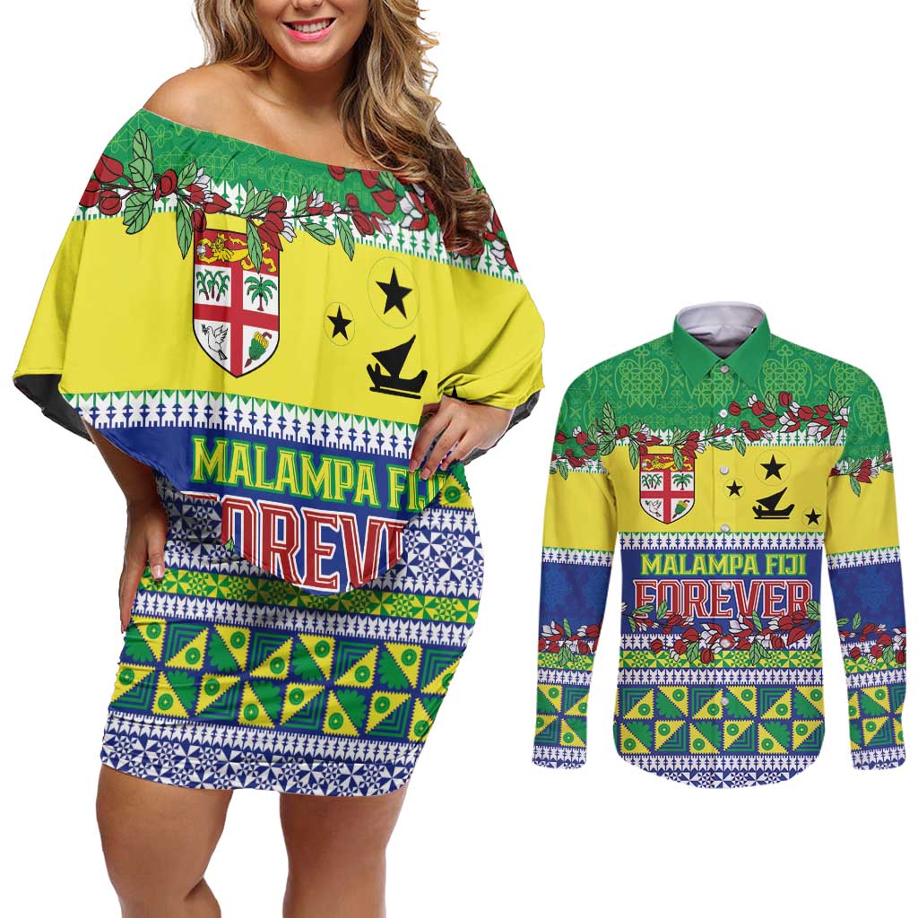 Personalised Malampa Fiji Forever Couples Matching Off Shoulder Short Dress and Long Sleeve Button Shirt Tagimoucia Polynesian Sand Drawing - Polynesian Pride