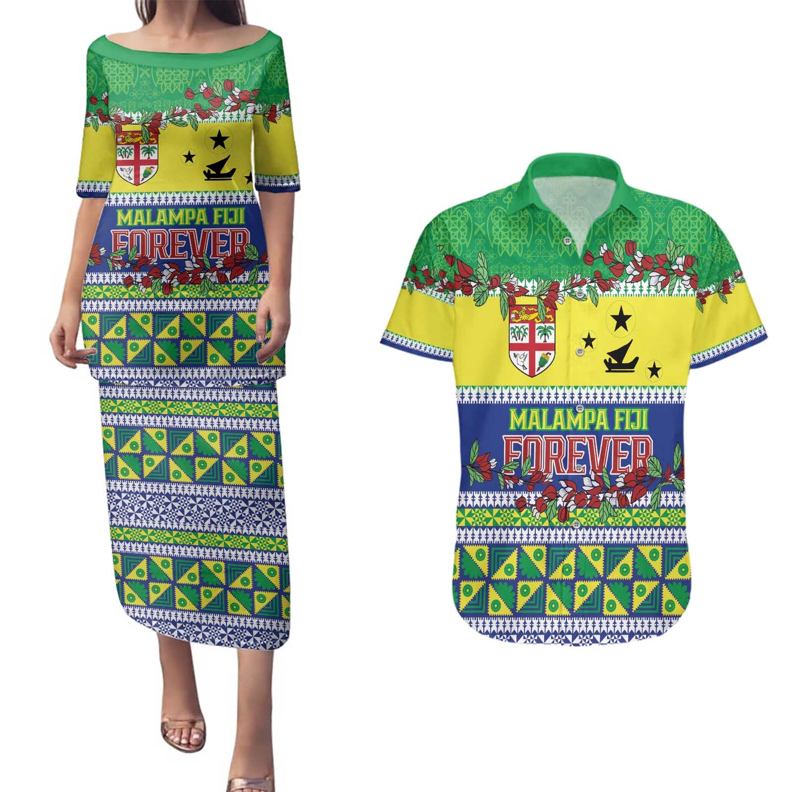 Personalised Malampa Fiji Forever Couples Matching Puletasi and Hawaiian Shirt Tagimoucia Polynesian Sand Drawing - Polynesian Pride