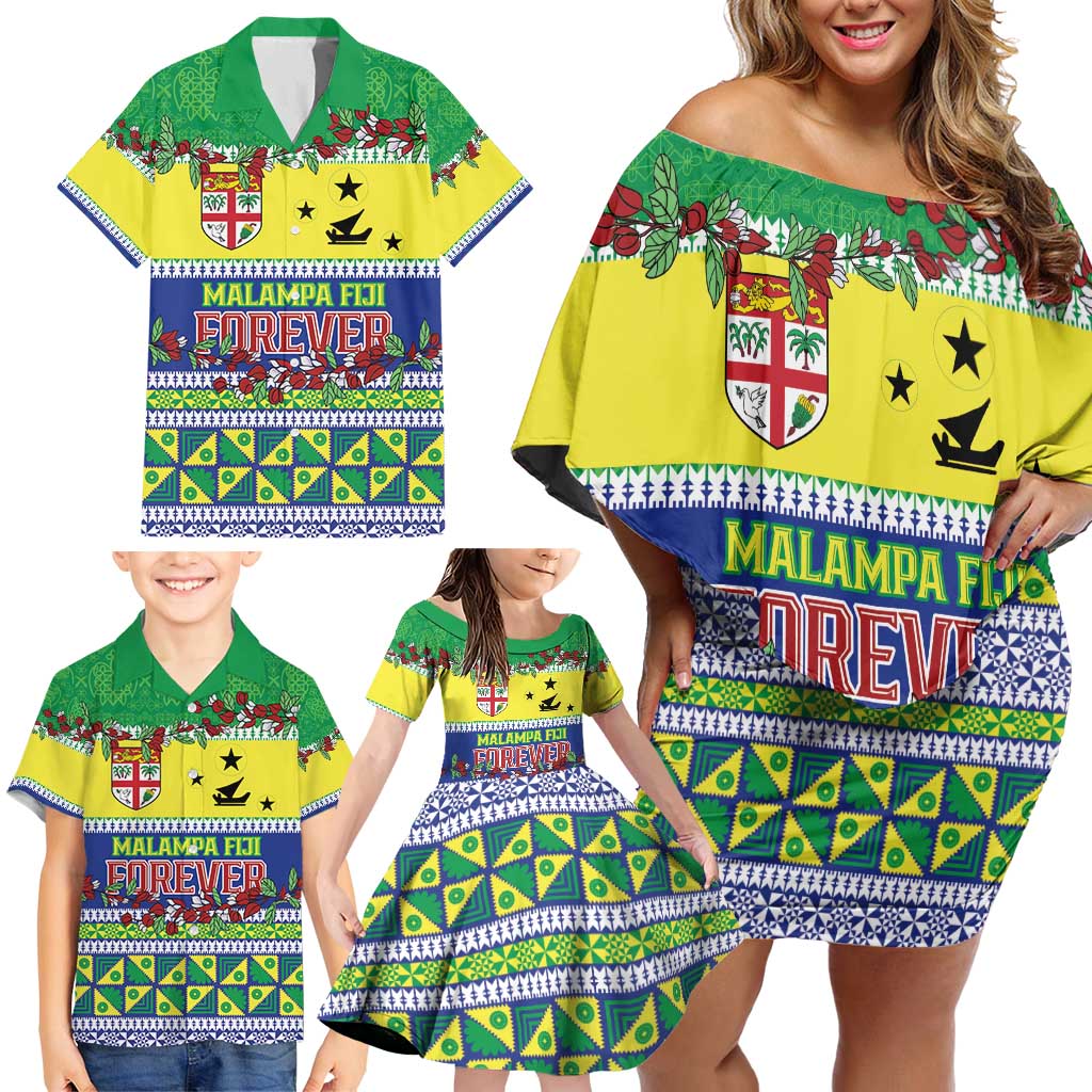 Personalised Malampa Fiji Forever Family Matching Off Shoulder Short Dress and Hawaiian Shirt Tagimoucia Polynesian Sand Drawing - Polynesian Pride