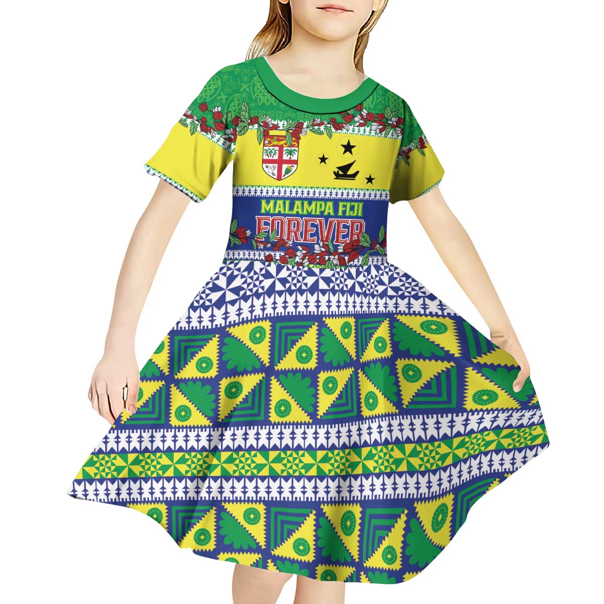 Personalised Malampa Fiji Forever Kid Short Sleeve Dress Tagimoucia Polynesian Sand Drawing - Polynesian Pride