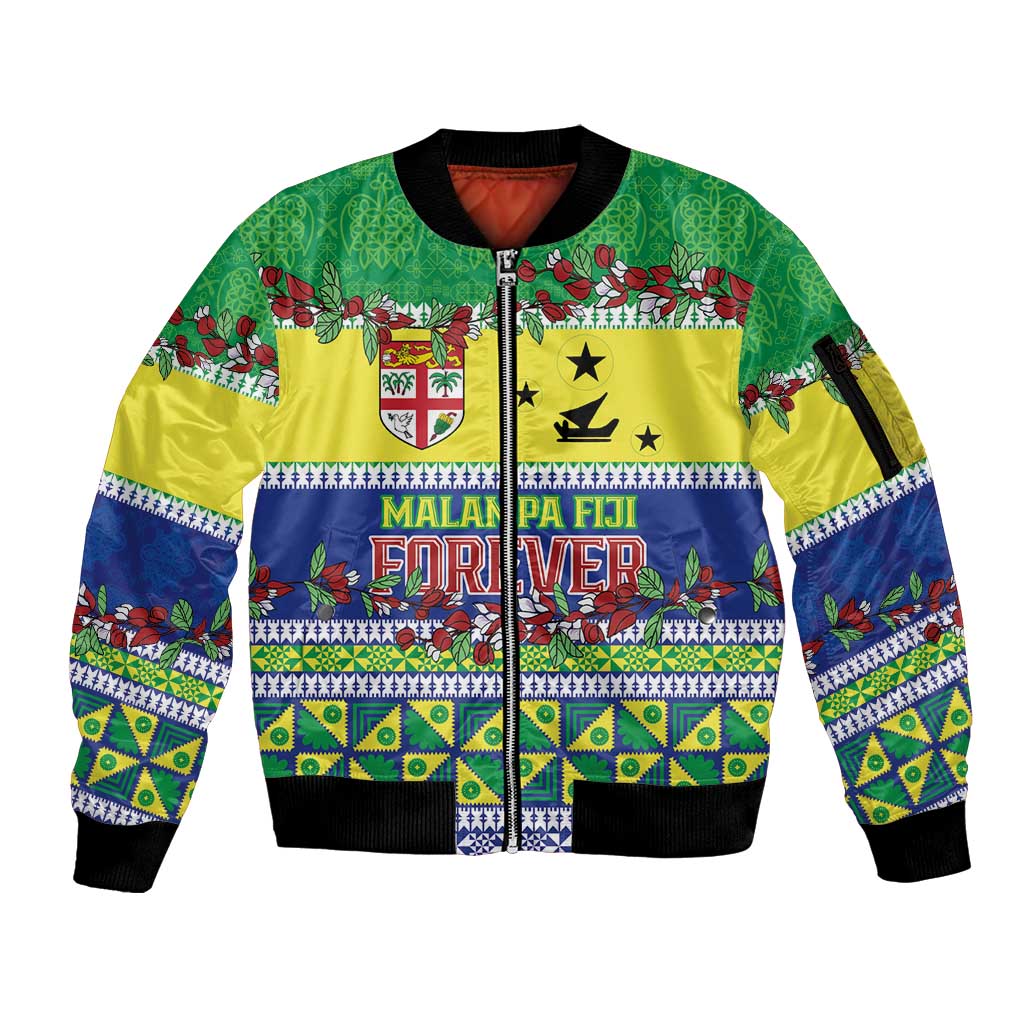 Personalised Malampa Fiji Forever Sleeve Zip Bomber Jacket Tagimoucia Polynesian Sand Drawing - Polynesian Pride