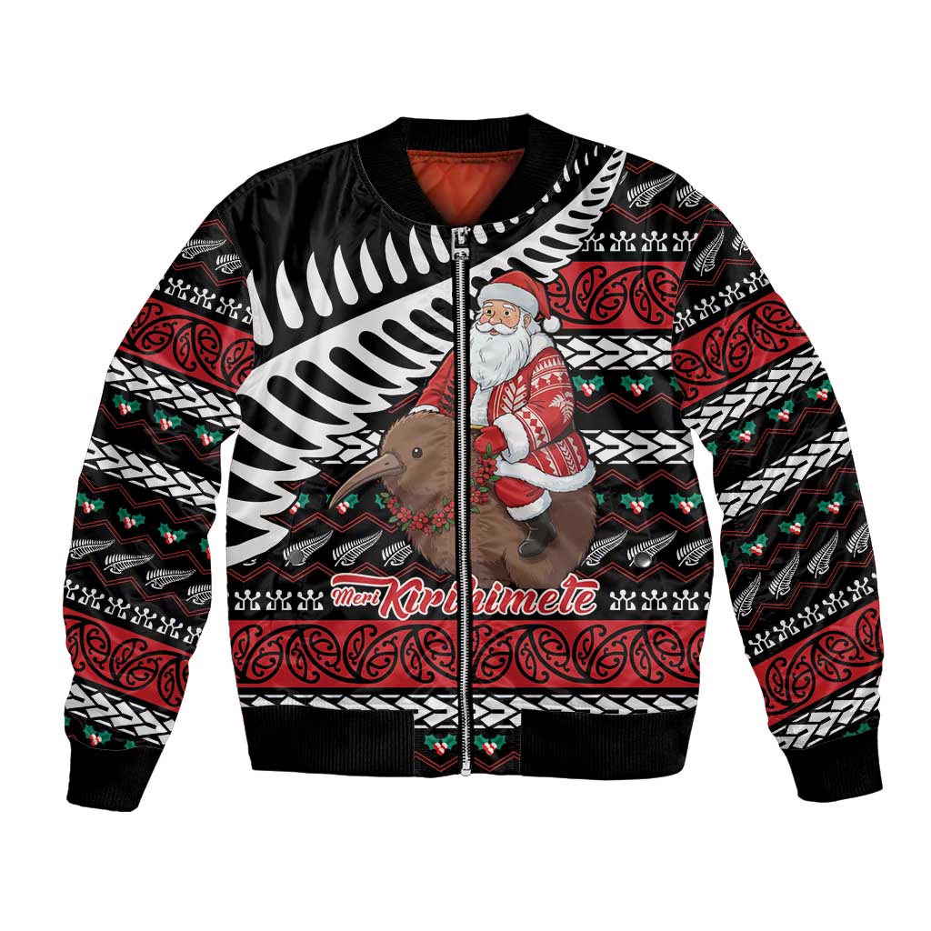 New Zealand Kiwi Santa Christmas Bomber Jacket He Wairua Kirihimete LT9 Unisex Black - Polynesian Pride