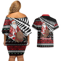 New Zealand Kiwi Santa Christmas Couples Matching Off Shoulder Short Dress and Hawaiian Shirt He Wairua Kirihimete - Polynesian Pride