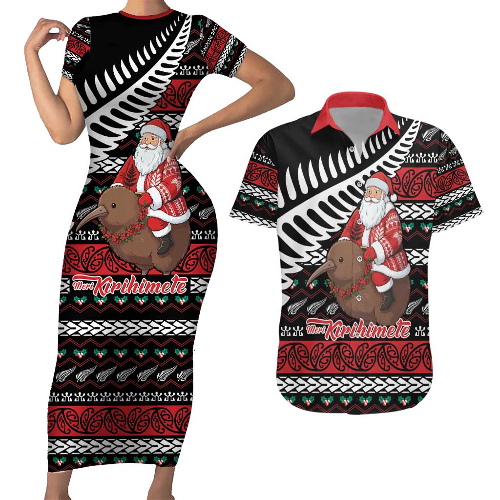 New Zealand Kiwi Santa Christmas Couples Matching Short Sleeve Bodycon Dress and Hawaiian Shirt He Wairua Kirihimete - Polynesian Pride
