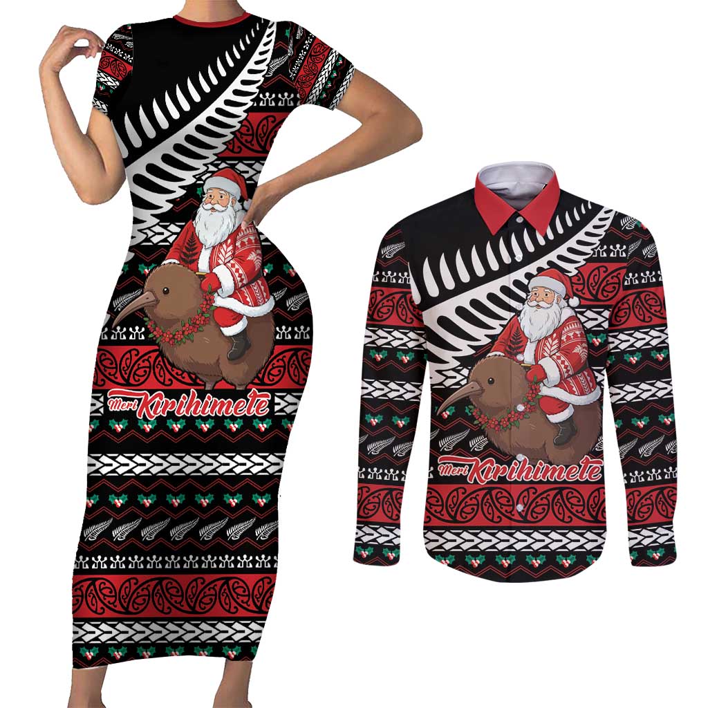 New Zealand Kiwi Santa Christmas Couples Matching Short Sleeve Bodycon Dress and Long Sleeve Button Shirt He Wairua Kirihimete - Polynesian Pride
