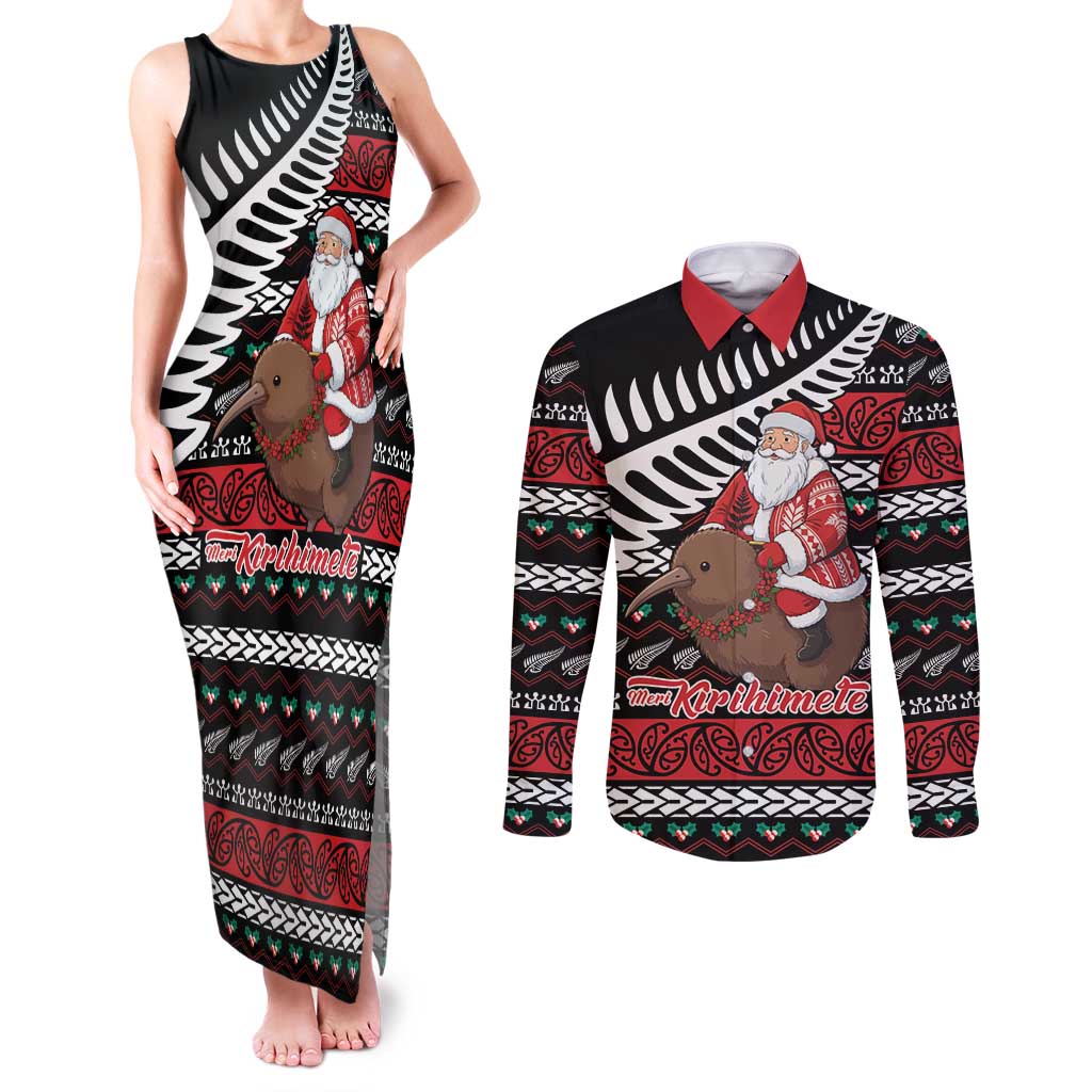 New Zealand Kiwi Santa Christmas Couples Matching Tank Maxi Dress and Long Sleeve Button Shirt He Wairua Kirihimete - Polynesian Pride