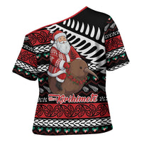 New Zealand Kiwi Santa Christmas Cross Shoulder Shirt He Wairua Kirihimete - Polynesian Pride
