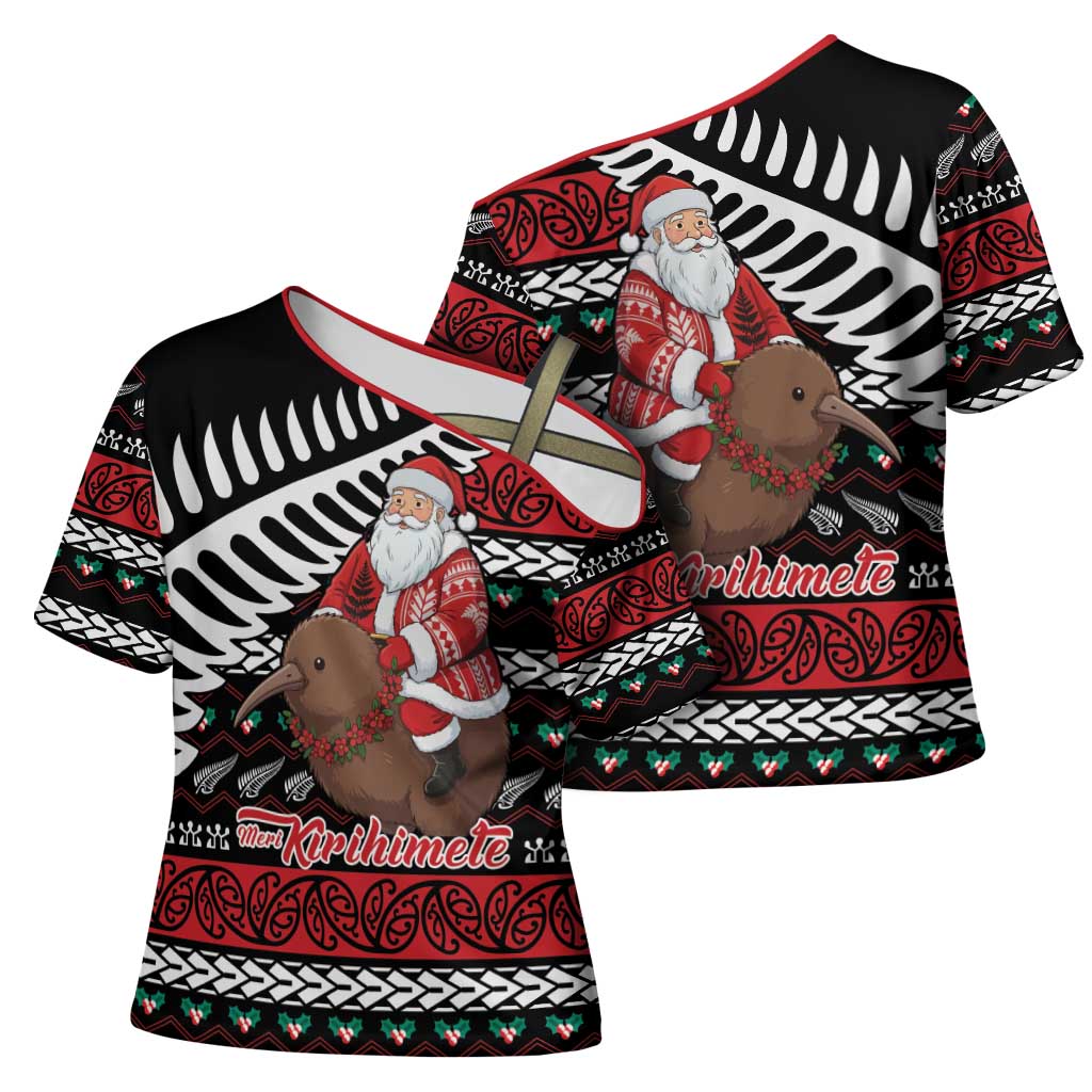 New Zealand Kiwi Santa Christmas Cross Shoulder Shirt He Wairua Kirihimete - Polynesian Pride