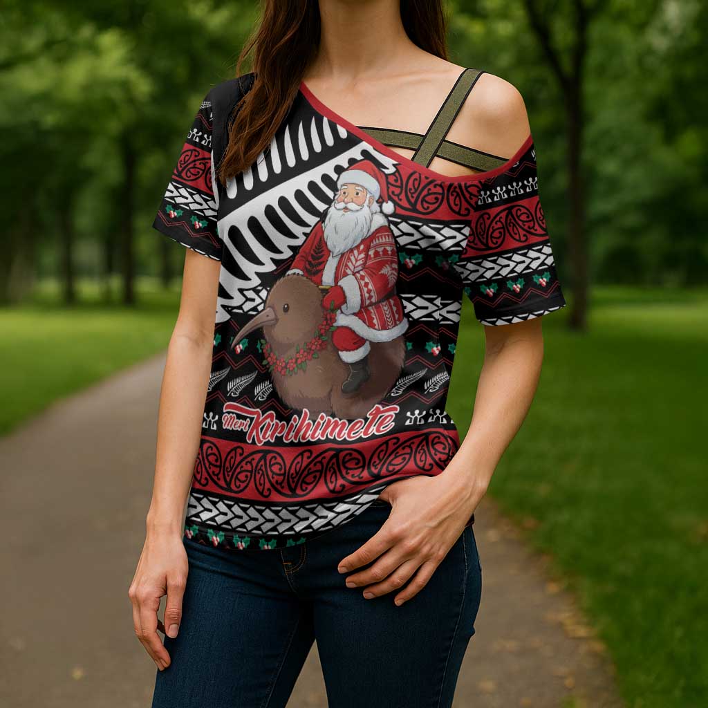New Zealand Kiwi Santa Christmas Cross Shoulder Shirt He Wairua Kirihimete - Polynesian Pride