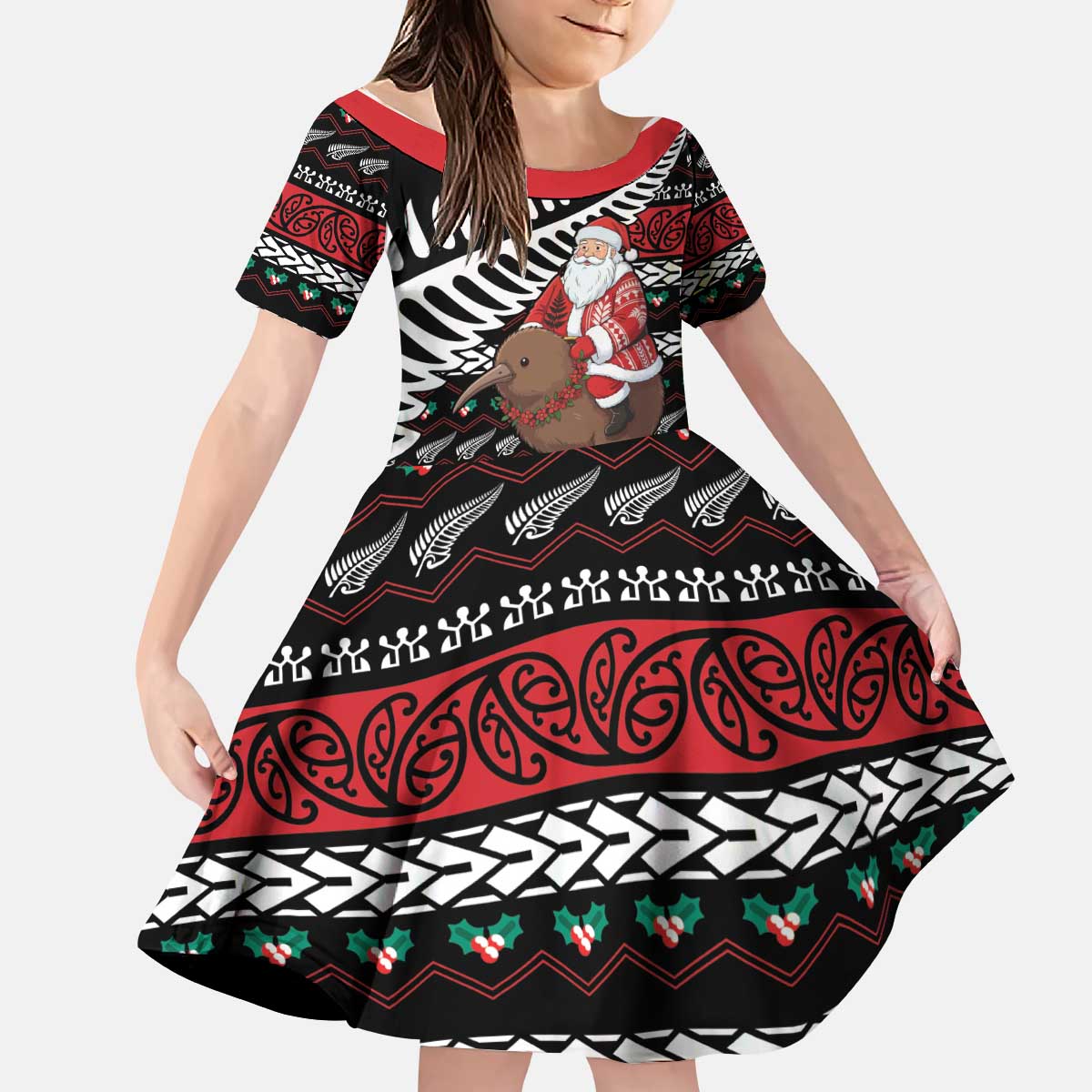 New Zealand Kiwi Santa Christmas Kid Short Sleeve Dress He Wairua Kirihimete LT9 KID Black - Polynesian Pride