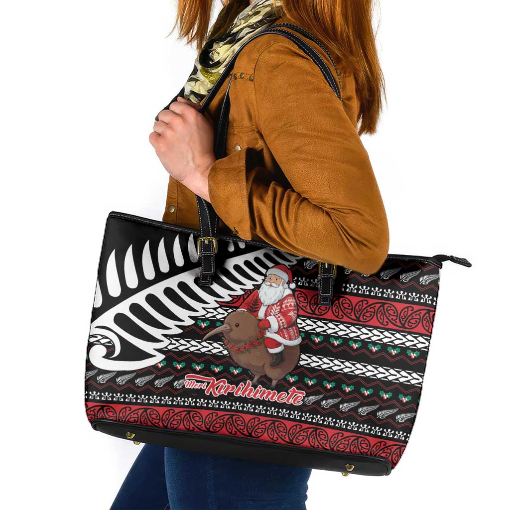 New Zealand Kiwi Santa Christmas Leather Tote Bag He Wairua Kirihimete - Polynesian Pride
