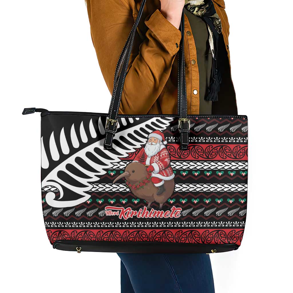 New Zealand Kiwi Santa Christmas Leather Tote Bag He Wairua Kirihimete - Polynesian Pride