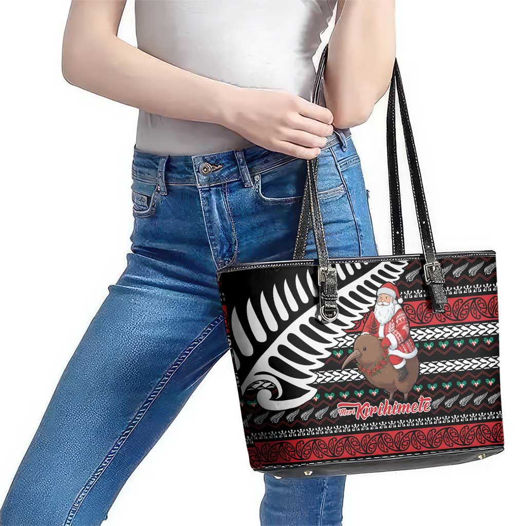 New Zealand Kiwi Santa Christmas Leather Tote Bag He Wairua Kirihimete - Polynesian Pride