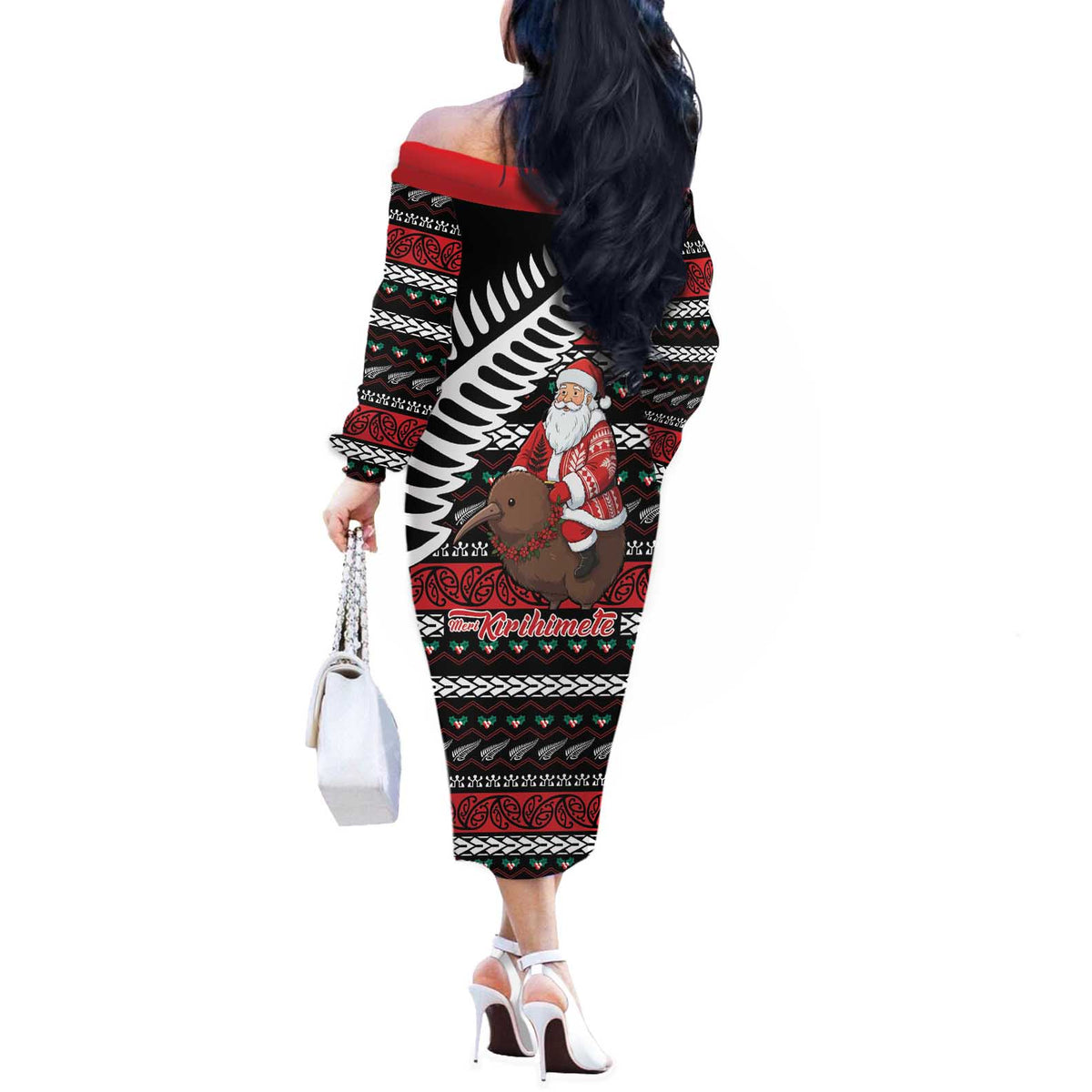 New Zealand Kiwi Santa Christmas Off The Shoulder Long Sleeve Dress He Wairua Kirihimete LT9 - Polynesian Pride