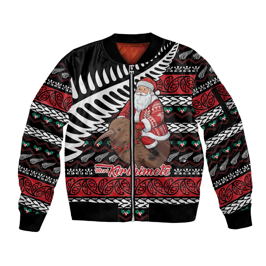 New Zealand Kiwi Santa Christmas Sleeve Zip Bomber Jacket He Wairua Kirihimete LT9 Unisex Black - Polynesian Pride