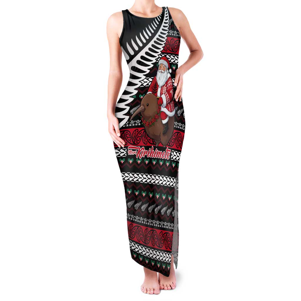New Zealand Kiwi Santa Christmas Tank Maxi Dress He Wairua Kirihimete LT9 Women Black - Polynesian Pride