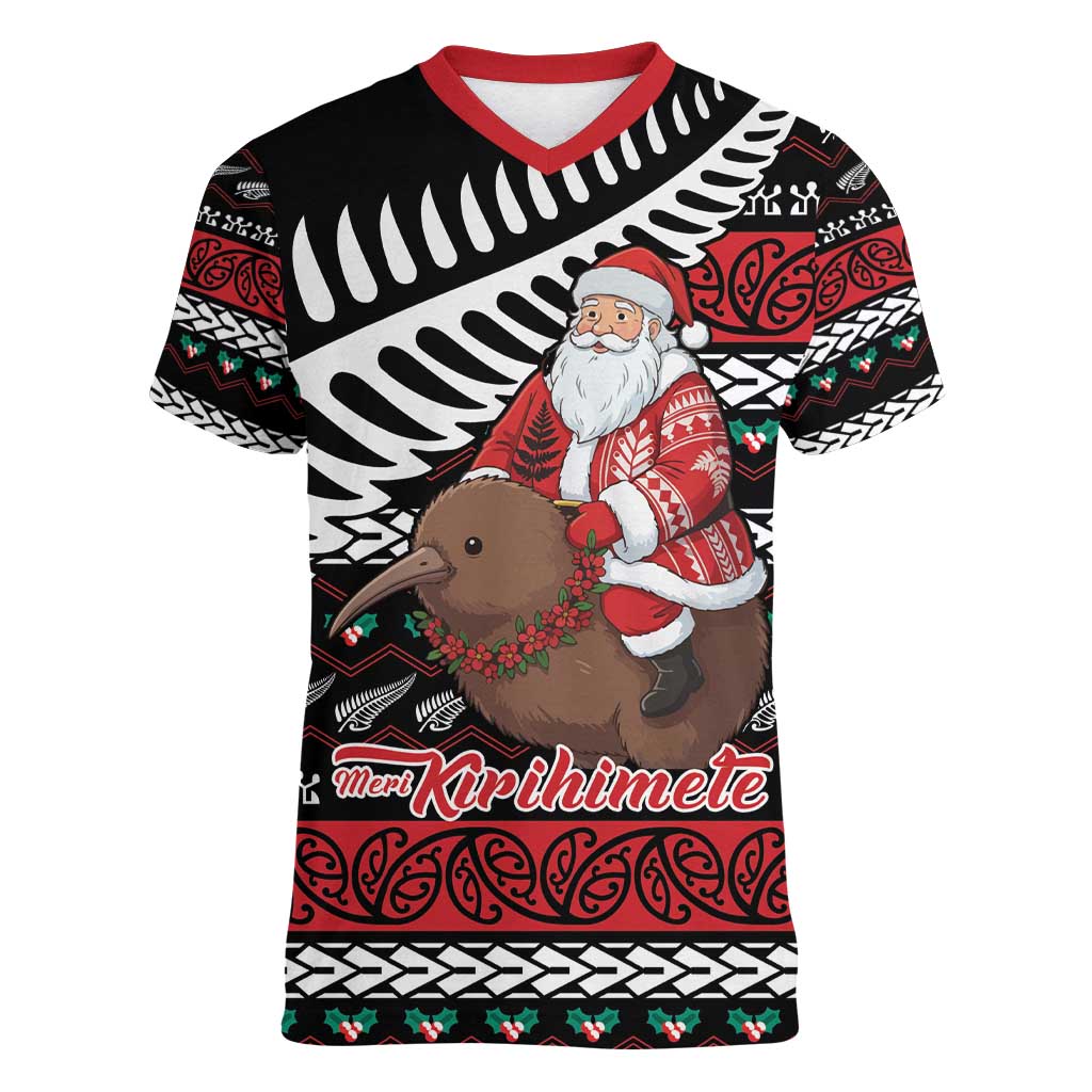New Zealand Kiwi Santa Christmas Women V-Neck T-Shirt He Wairua Kirihimete - Polynesian Pride