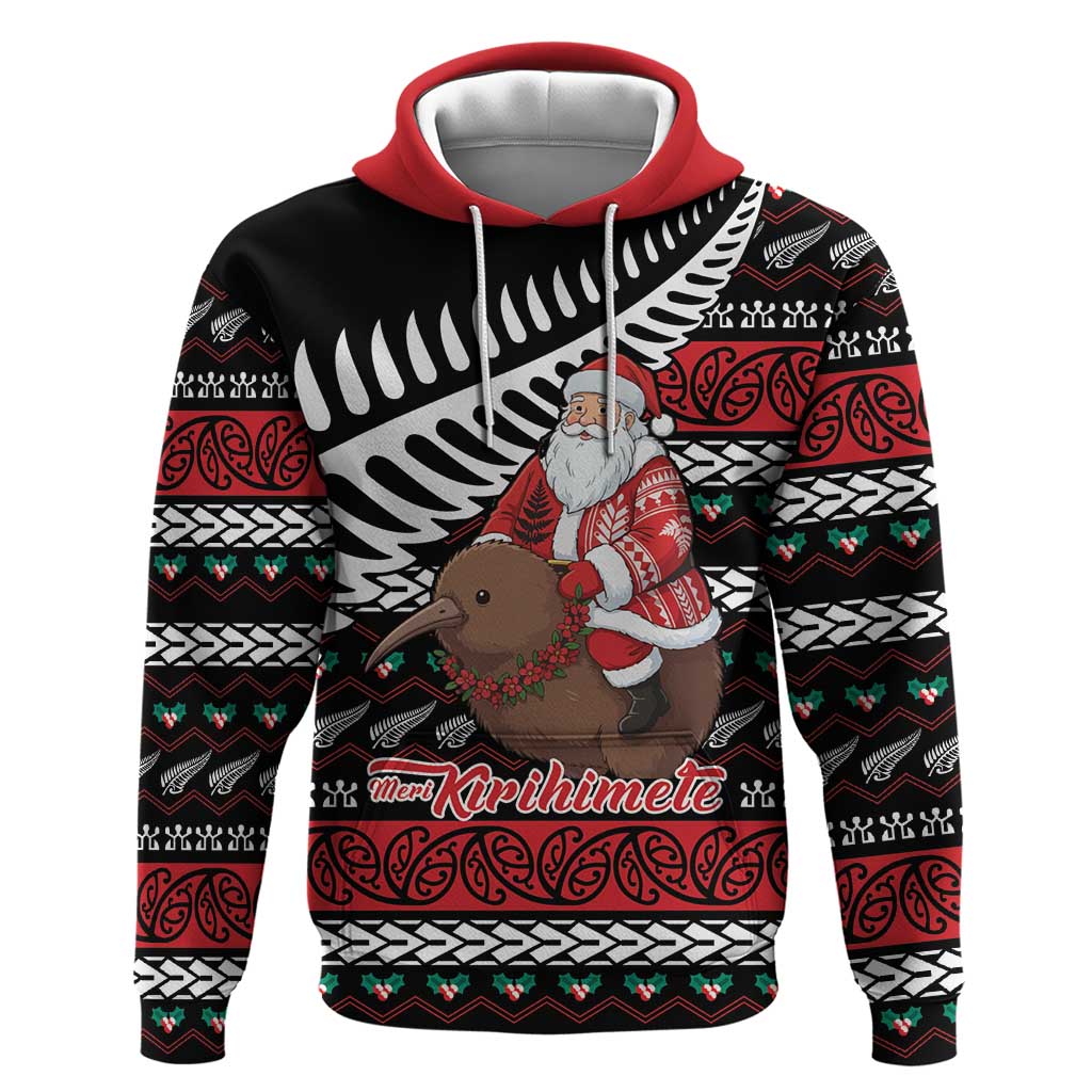 New Zealand Kiwi Santa Christmas Zip Hoodie He Wairua Kirihimete LT9 Pullover Hoodie Black - Polynesian Pride