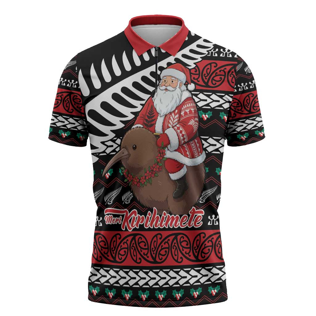 New Zealand Kiwi Santa Christmas Zipper Polo Shirt He Wairua Kirihimete - Polynesian Pride
