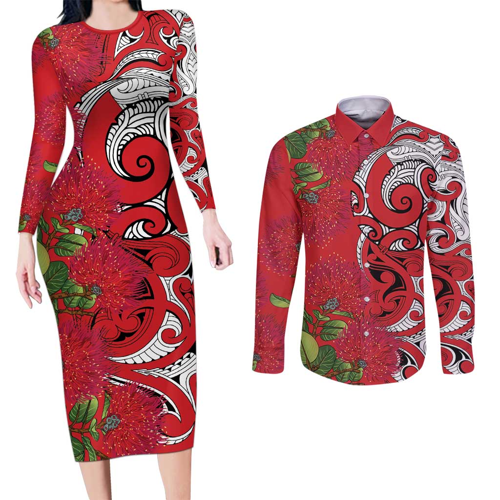 Personalised New Zealand Koru Pohutukawa Couples Matching Long Sleeve Bodycon Dress and Long Sleeve Button Shirt Meri Kirihimete Aroha for Christmas - Polynesian Pride