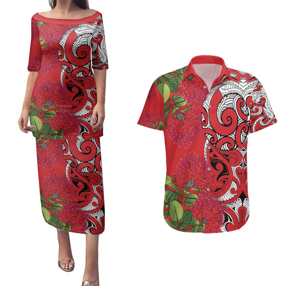 Personalised New Zealand Koru Pohutukawa Couples Matching Puletasi and Hawaiian Shirt Meri Kirihimete Aroha for Christmas - Polynesian Pride