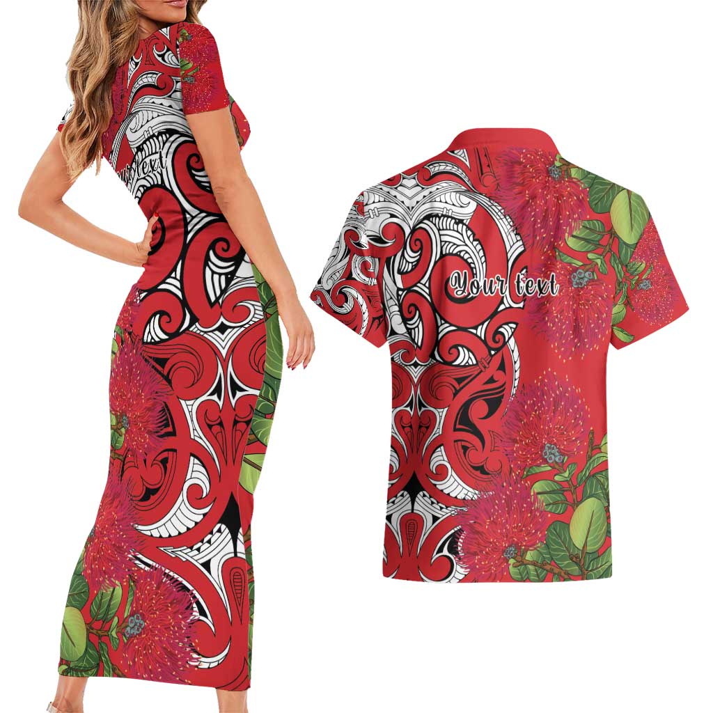 Personalised New Zealand Koru Pohutukawa Couples Matching Short Sleeve Bodycon Dress and Hawaiian Shirt Meri Kirihimete Aroha for Christmas - Polynesian Pride