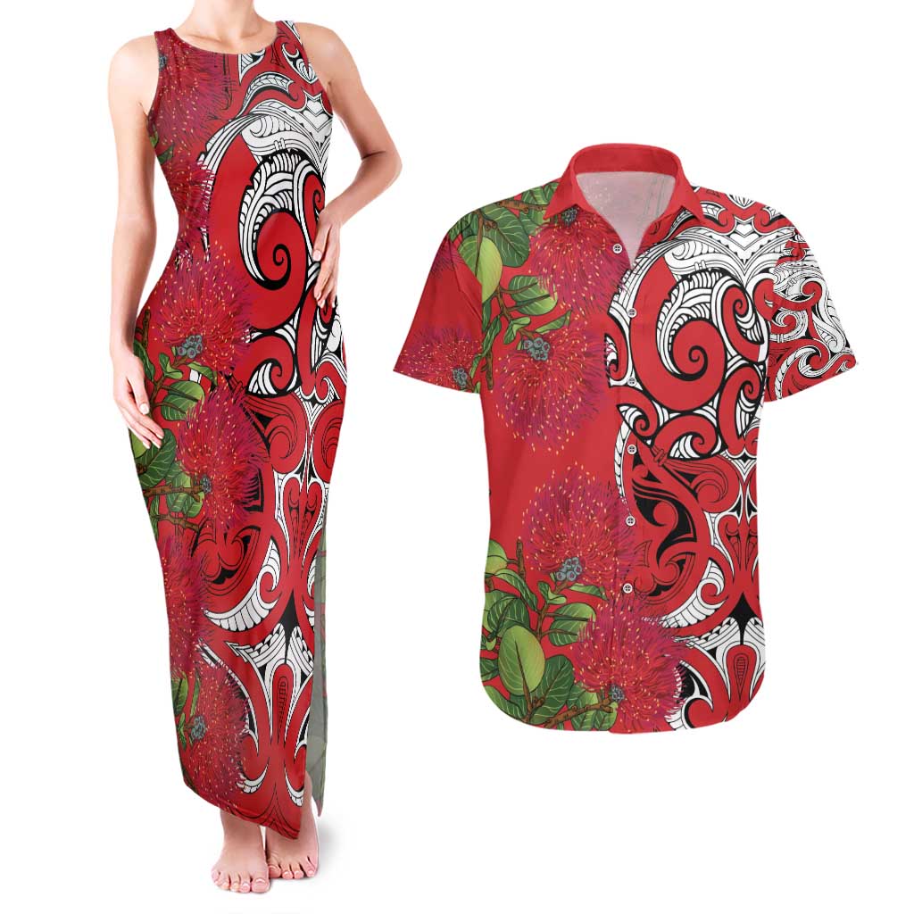 Personalised New Zealand Koru Pohutukawa Couples Matching Tank Maxi Dress and Hawaiian Shirt Meri Kirihimete Aroha for Christmas - Polynesian Pride