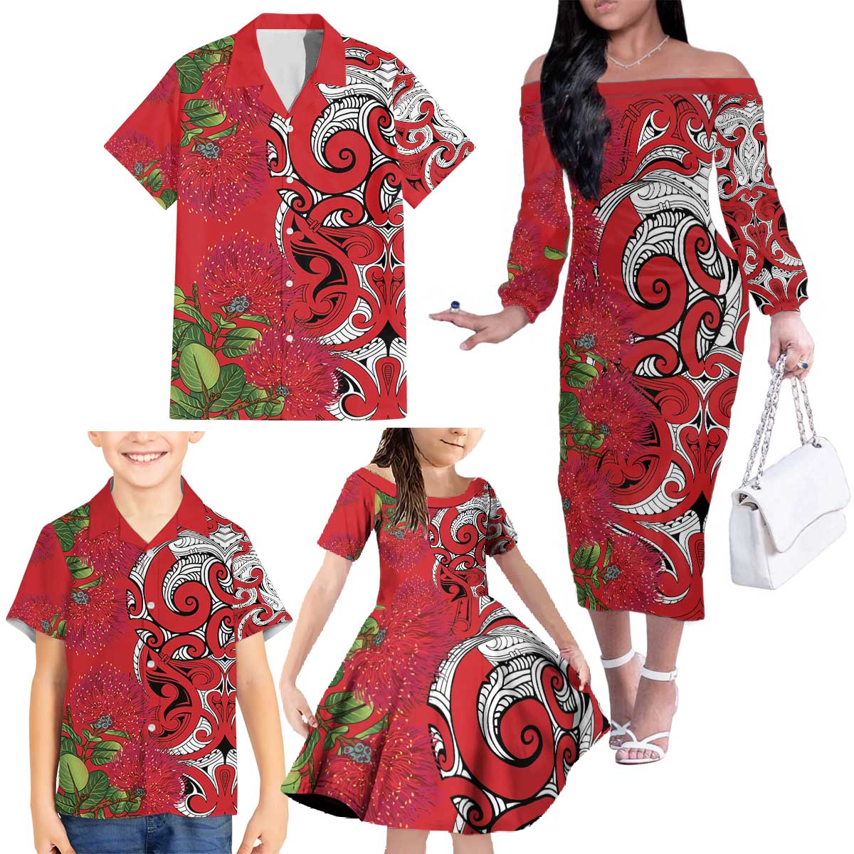 Personalised New Zealand Koru Pohutukawa Family Matching Off The Shoulder Long Sleeve Dress and Hawaiian Shirt Meri Kirihimete Aroha for Christmas - Polynesian Pride