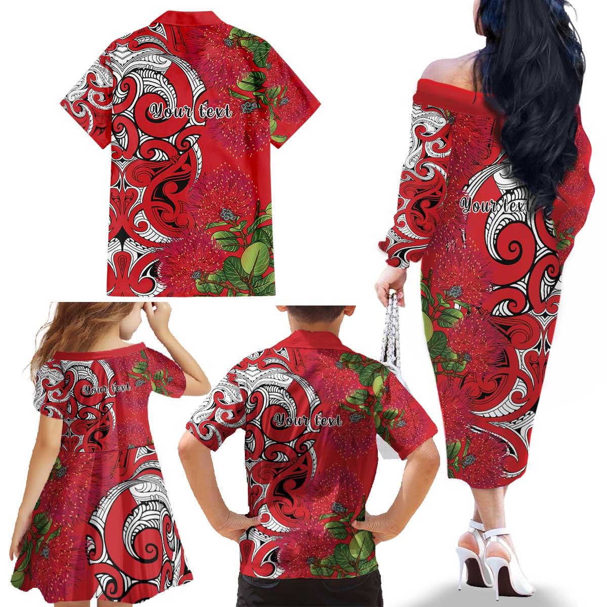 Personalised New Zealand Koru Pohutukawa Family Matching Off The Shoulder Long Sleeve Dress and Hawaiian Shirt Meri Kirihimete Aroha for Christmas - Polynesian Pride