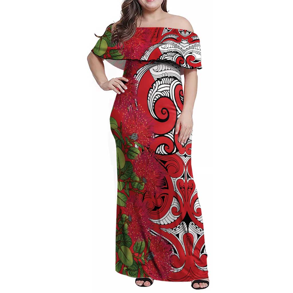 Personalised New Zealand Koru Pohutukawa Family Matching Off Shoulder Maxi Dress and Hawaiian Shirt Meri Kirihimete Aroha for Christmas - Polynesian Pride
