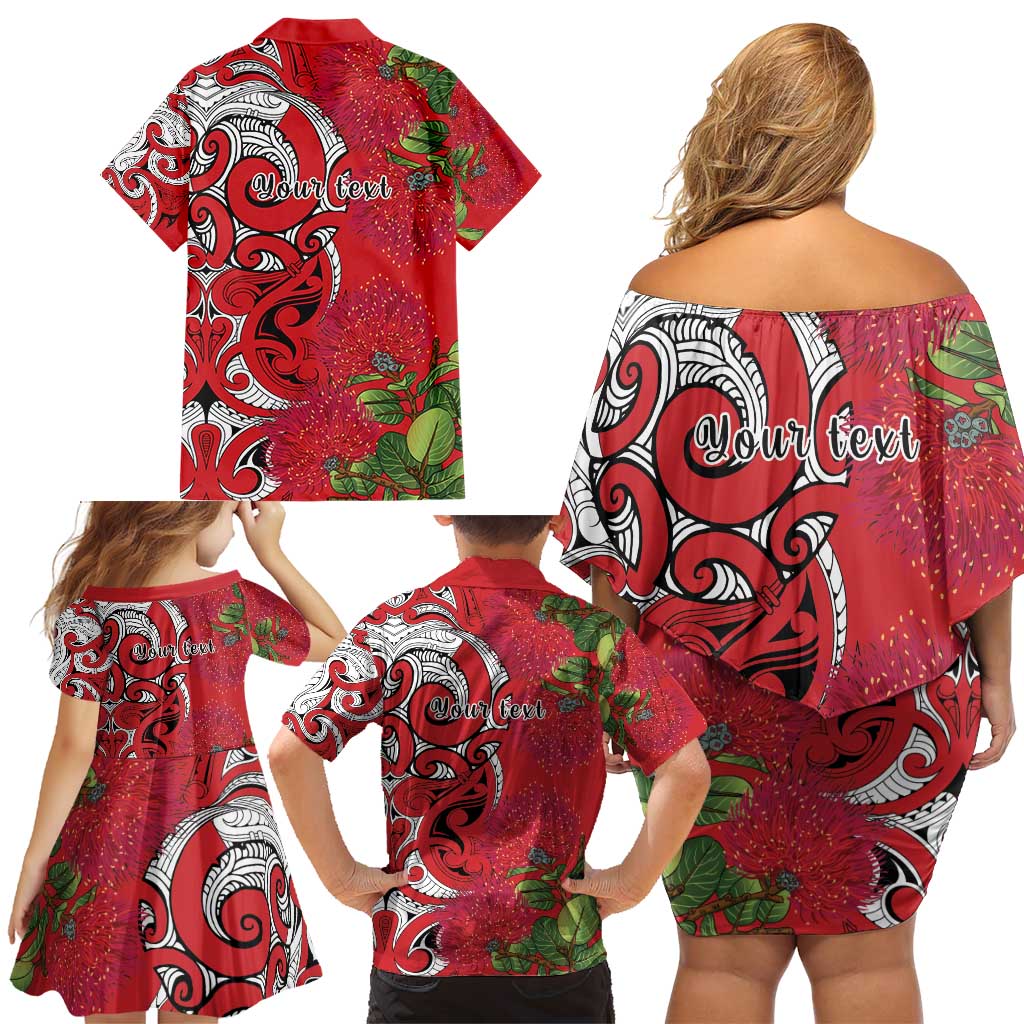 Personalised New Zealand Koru Pohutukawa Family Matching Off Shoulder Short Dress and Hawaiian Shirt Meri Kirihimete Aroha for Christmas - Polynesian Pride