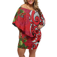 Personalised New Zealand Koru Pohutukawa Family Matching Off Shoulder Short Dress and Hawaiian Shirt Meri Kirihimete Aroha for Christmas - Polynesian Pride