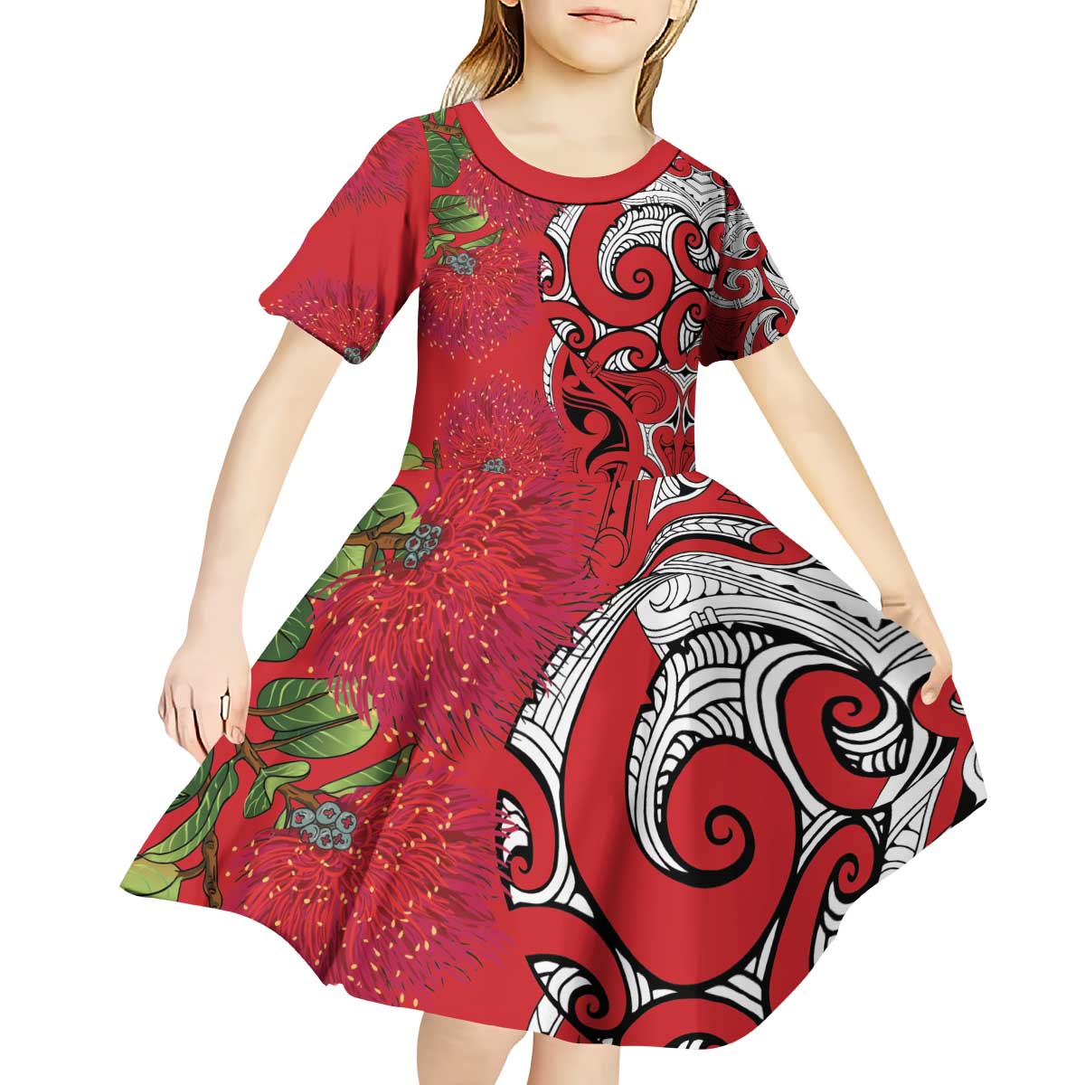 Personalised New Zealand Koru Pohutukawa Kid Short Sleeve Dress Meri Kirihimete Aroha for Christmas LT9 - Polynesian Pride