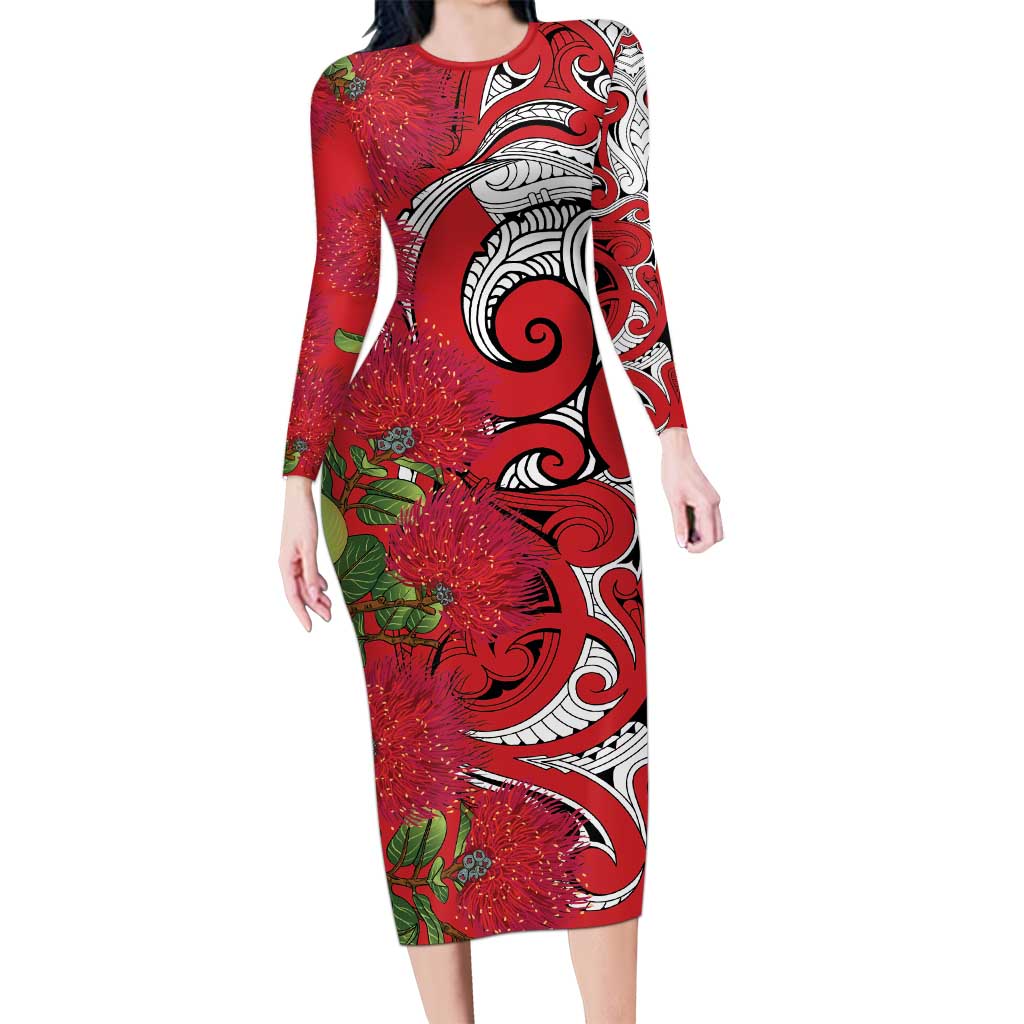 Personalised New Zealand Koru Pohutukawa Long Sleeve Bodycon Dress Meri Kirihimete Aroha for Christmas LT9 Long Dress Red - Polynesian Pride