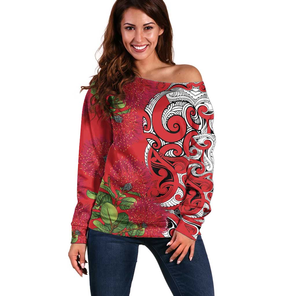 Personalised New Zealand Koru Pohutukawa Off Shoulder Sweater Meri Kirihimete Aroha for Christmas - Polynesian Pride