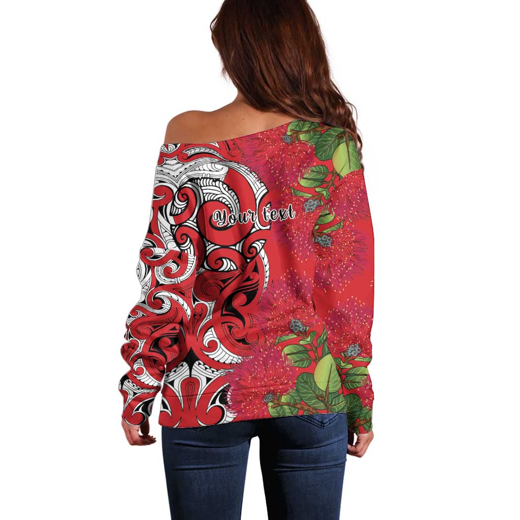 Personalised New Zealand Koru Pohutukawa Off Shoulder Sweater Meri Kirihimete Aroha for Christmas - Polynesian Pride