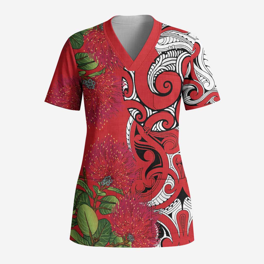 Personalised New Zealand Koru Pohutukawa Scrub Top Meri Kirihimete Aroha for Christmas - Polynesian Pride