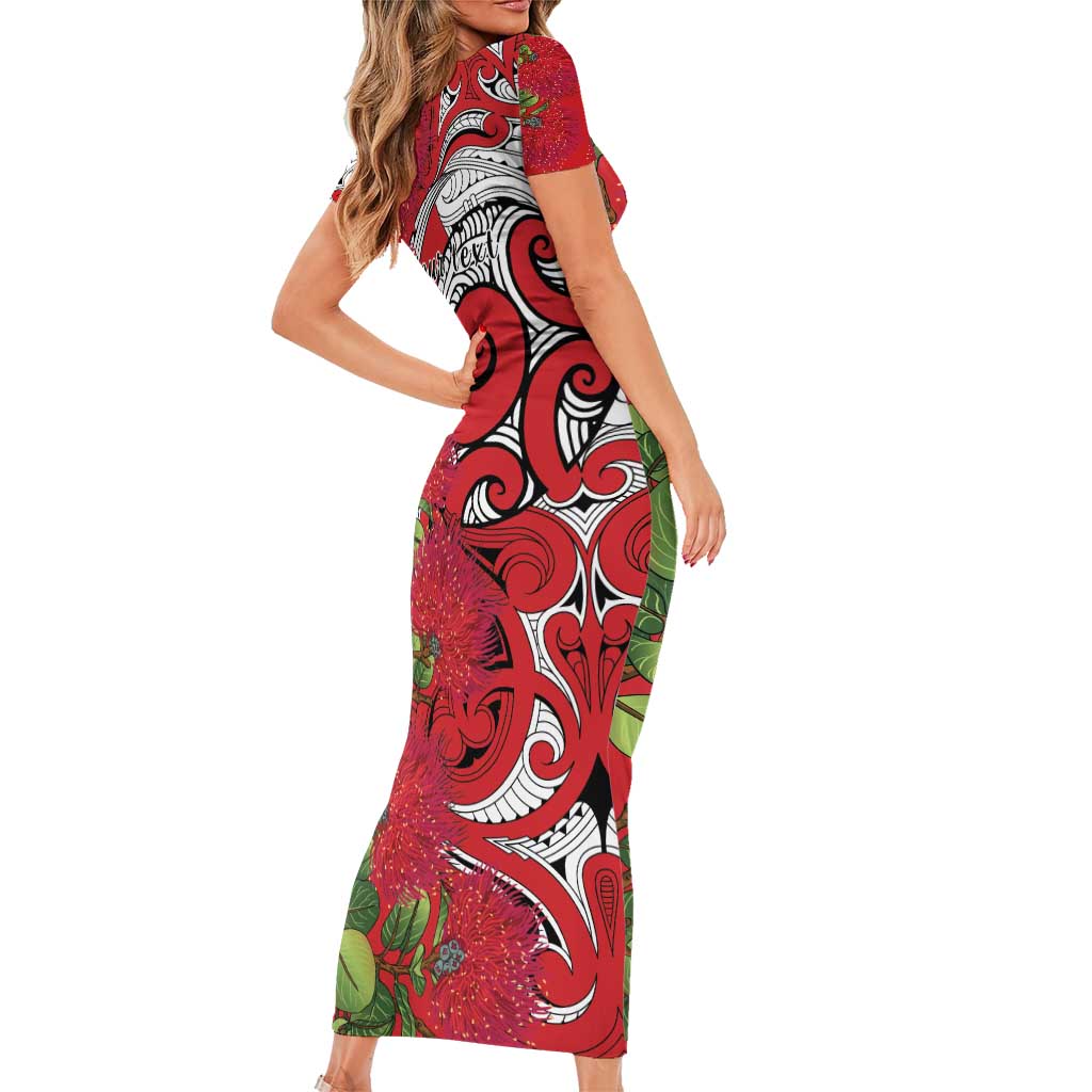 Personalised New Zealand Koru Pohutukawa Short Sleeve Bodycon Dress Meri Kirihimete Aroha for Christmas - Polynesian Pride