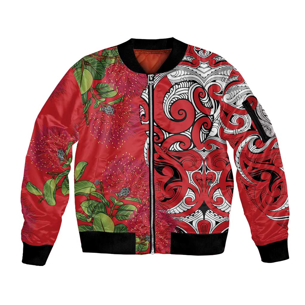 Personalised New Zealand Koru Pohutukawa Sleeve Zip Bomber Jacket Meri Kirihimete Aroha for Christmas - Polynesian Pride