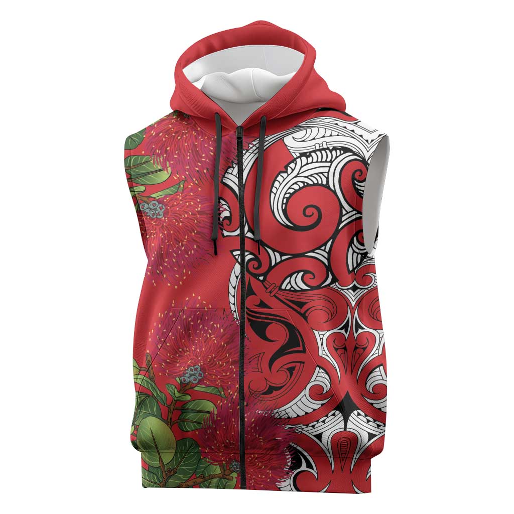Personalised New Zealand Koru Pohutukawa Sleeveless Zip Hoodie Meri Kirihimete Aroha for Christmas - Polynesian Pride