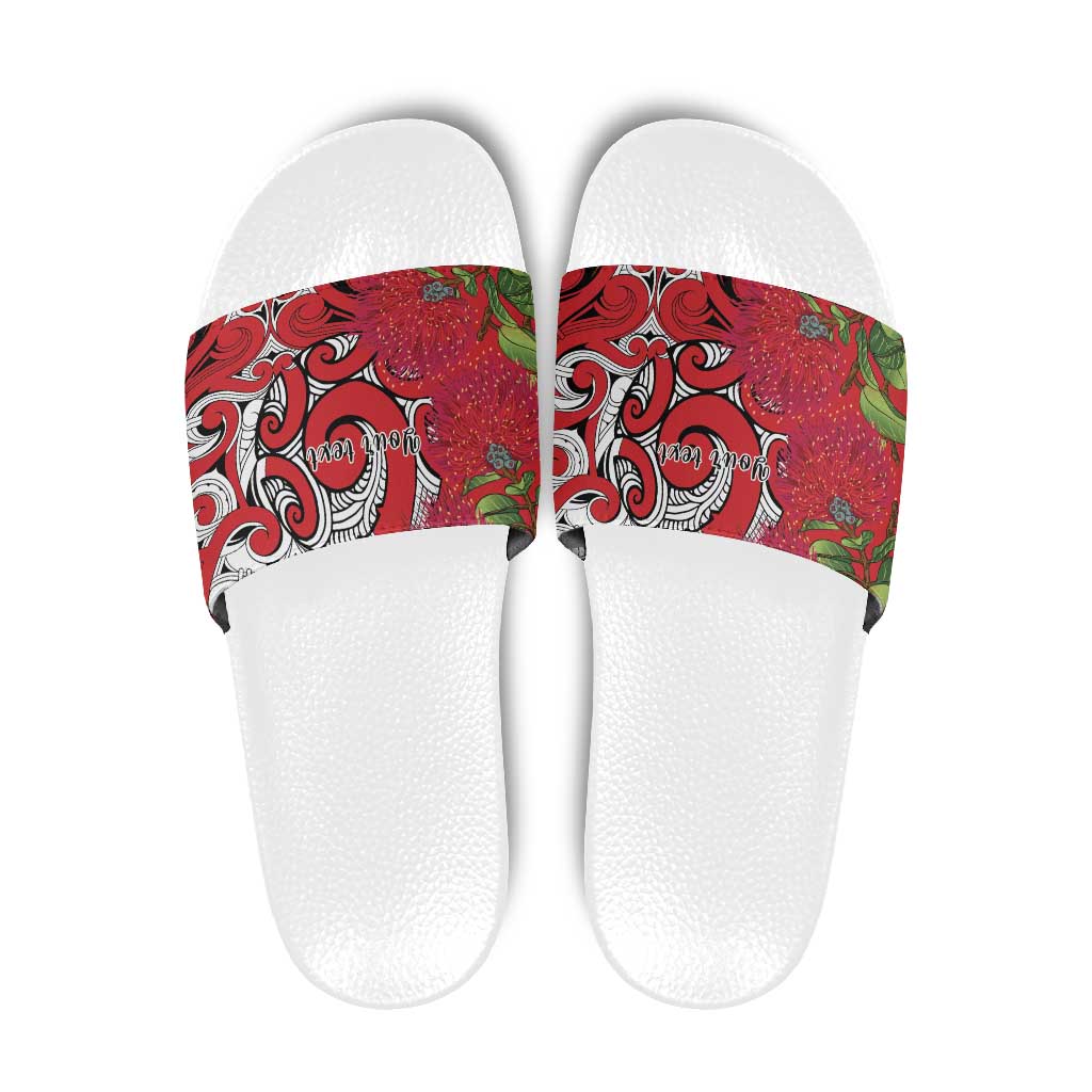 Personalised New Zealand Koru Pohutukawa Slide Sandals Meri Kirihimete Aroha for Christmas - Polynesian Pride