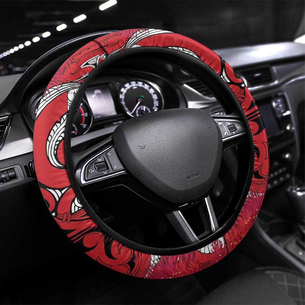 New Zealand Koru Pohutukawa Steering Wheel Cover Meri Kirihimete Aroha for Christmas LT9 Universal Fit Red - Polynesian Pride
