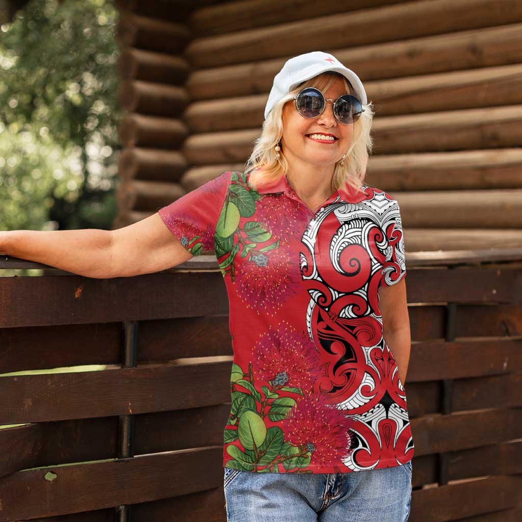 Personalised New Zealand Koru Pohutukawa Women Polo Shirt Meri Kirihimete Aroha for Christmas - Polynesian Pride
